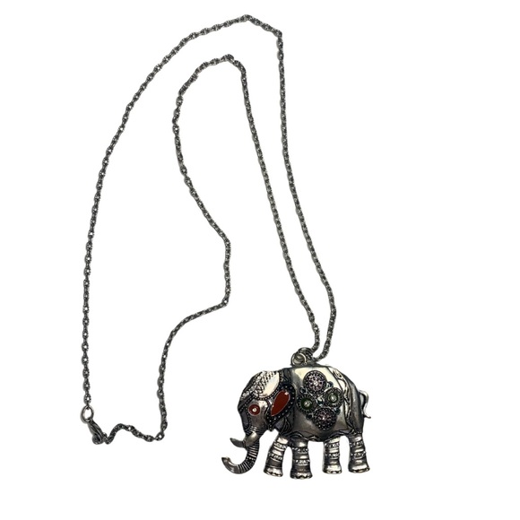 Silver Tone Elephant Pendant Long Necklace Colorful Indian Ganesha Hindu - Picture 2 of 8